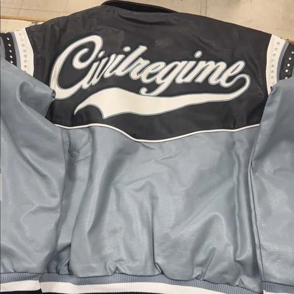 Men's Black and Gray leather Bomber Jacket with Embroidered Patches